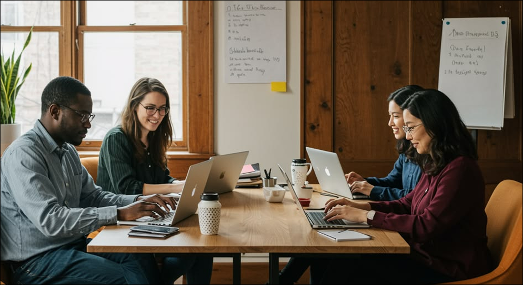 Team working together on laptops around a wooden table